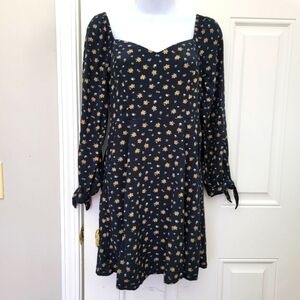 American Eagle Black Yellow Floral Mini Dress Long Tie Sleeves Sweetheart Neck S